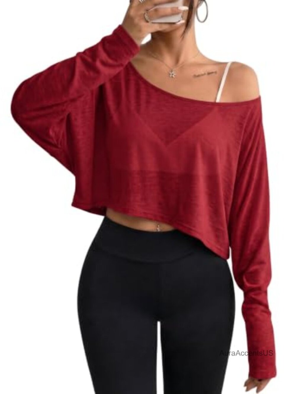 Women's Off Shoulder Mesh Crop Top Sheer Long Sleeve Sexy Casual Tee